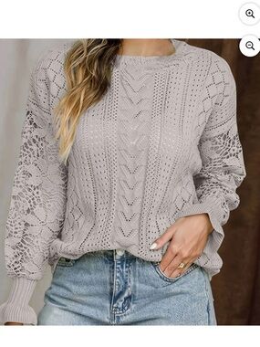 Light Gray Lace Sleeve Knit Sweater - Women's Pullover